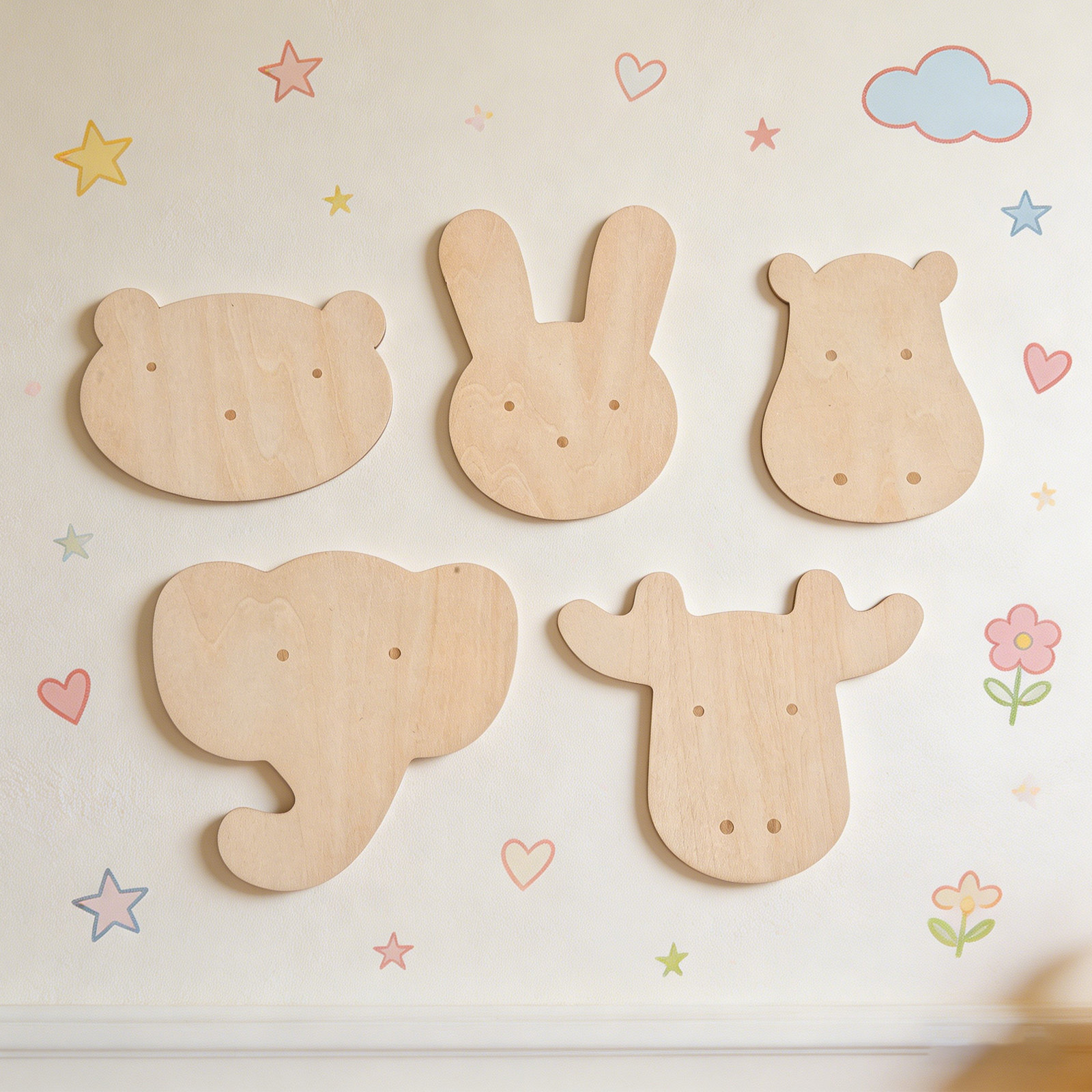 Art And Craft For Nursery - 5Pcs Animal Wood Wall Stickers Natural
